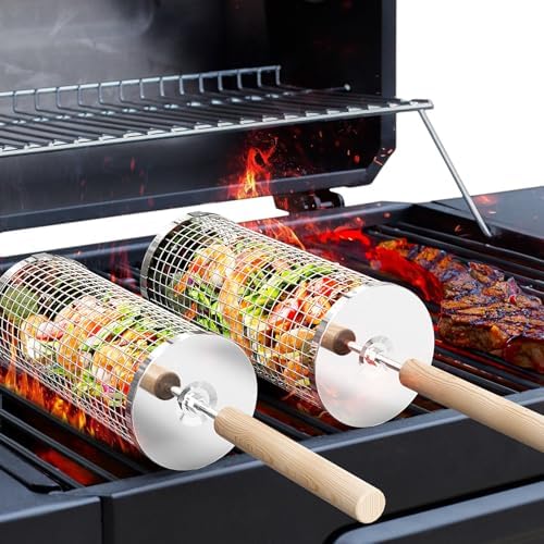 Camping Cooking Gifts - Rolling Grill Basket with Wooden Handle