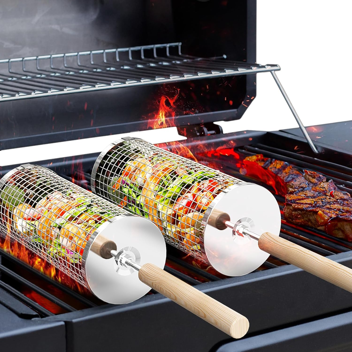 Rolling Grill Basket, Removabl - Camping Cooking Gifts reseña y precio