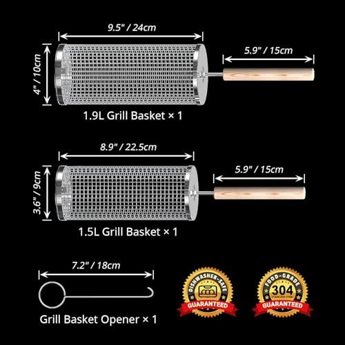 Rolling Grill Basket with Wood - Camping Cooking Gifts reseña y precio