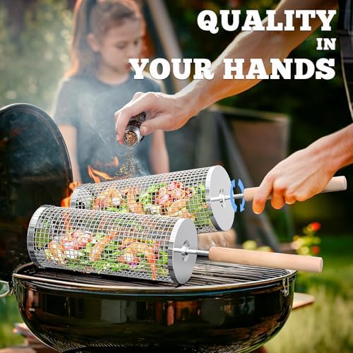 Rolling Grill Basket with Wood - Camping Cooking Gifts reseña y precio