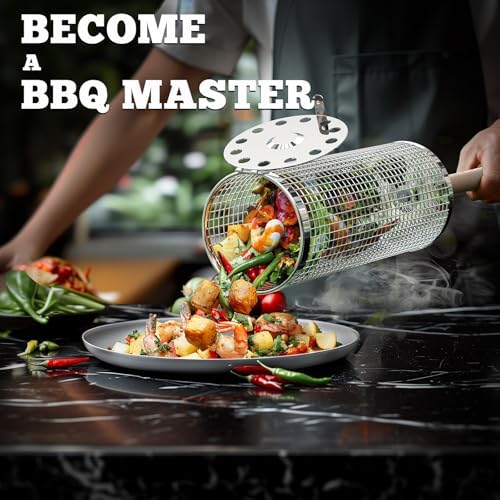 Rolling Grill Basket with Wood - Camping Cooking Gifts reseña y precio